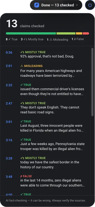 Facty side report panel: a list of checked claims from the video with verdicts and source links